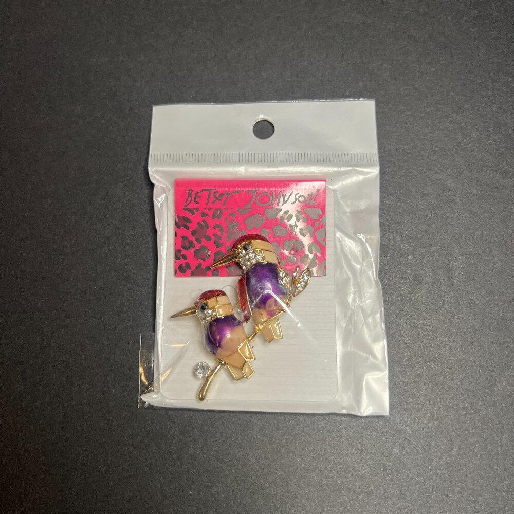 Betsey Johnson Beautiful Colorful Purple Crystal Perched Birds Brooch Lapel Pin